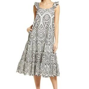 Nordstrom Black & White Eyelet Midi Dress with Flutter Sleeves